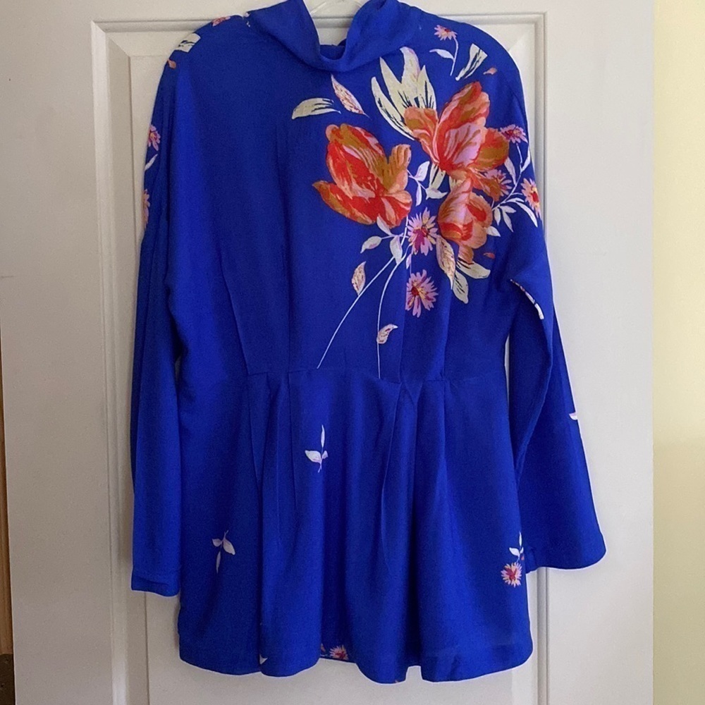 Free People x REVOLVE open back tie neck long sleeve mini blue floral dress XS